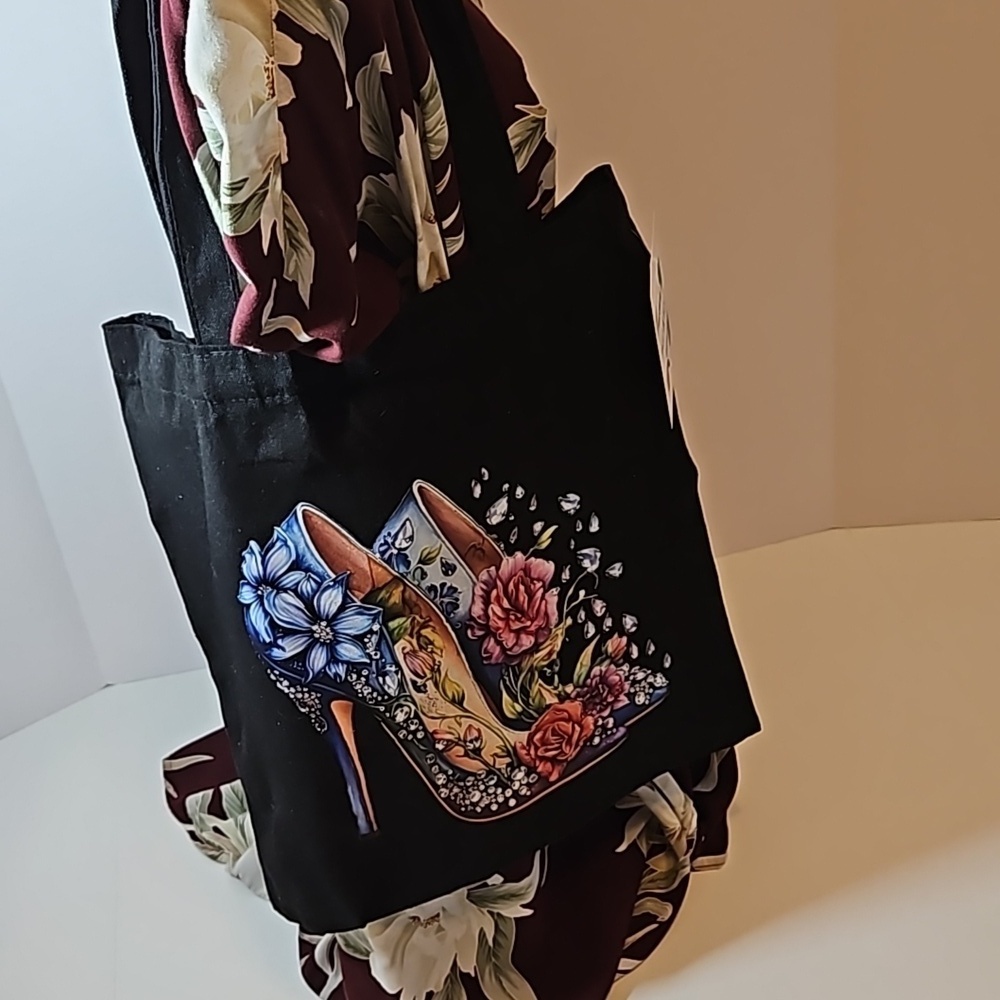 Hand Crafted Reusable Black Canvas Tote Bag 100% Cotton Floral Blue Heels 13x13" - Picture 15 of 17